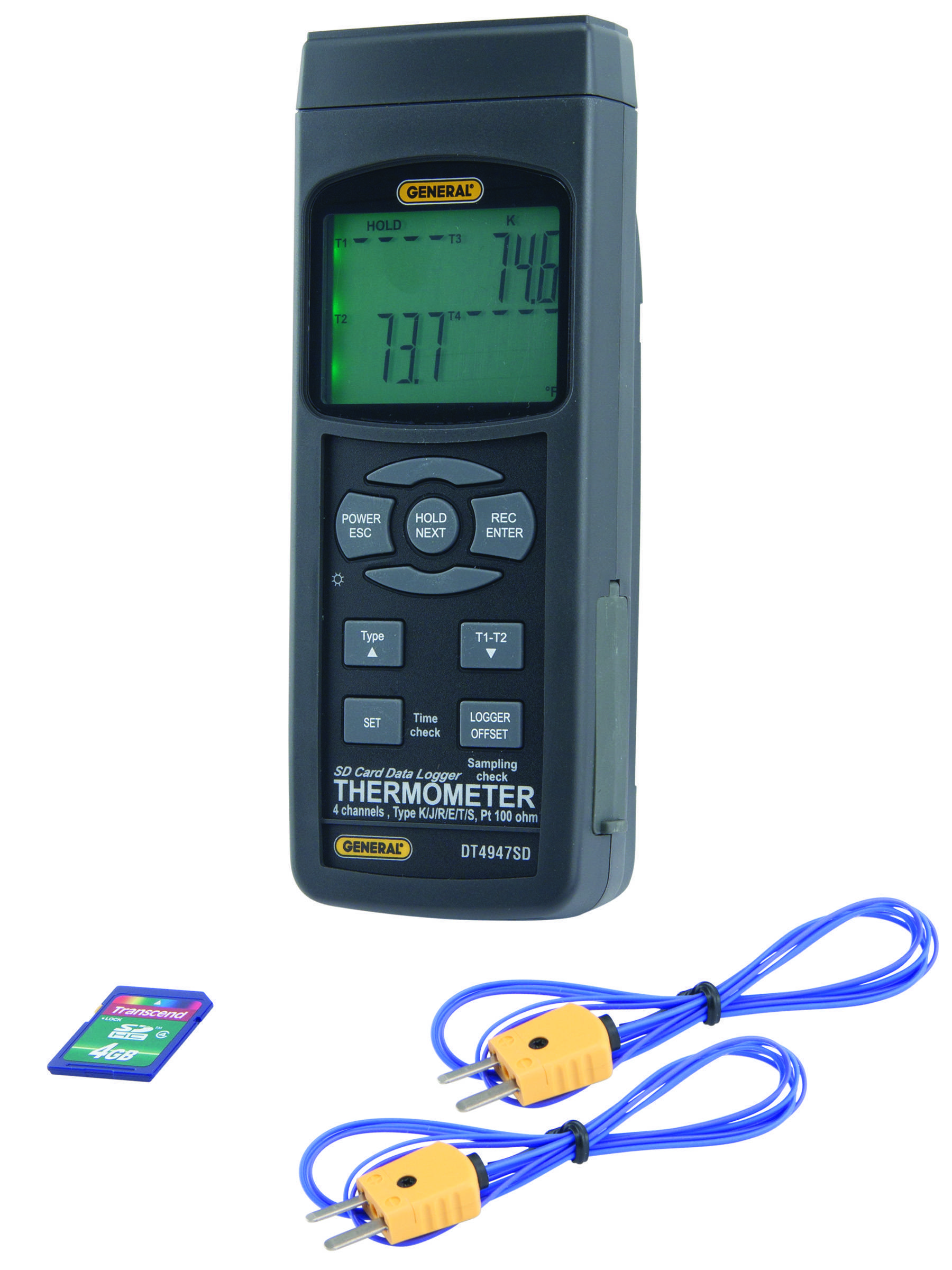 4 Channel General Tools DT4947SD Data Logging Digital Thermometer with Excel Format SD Card 